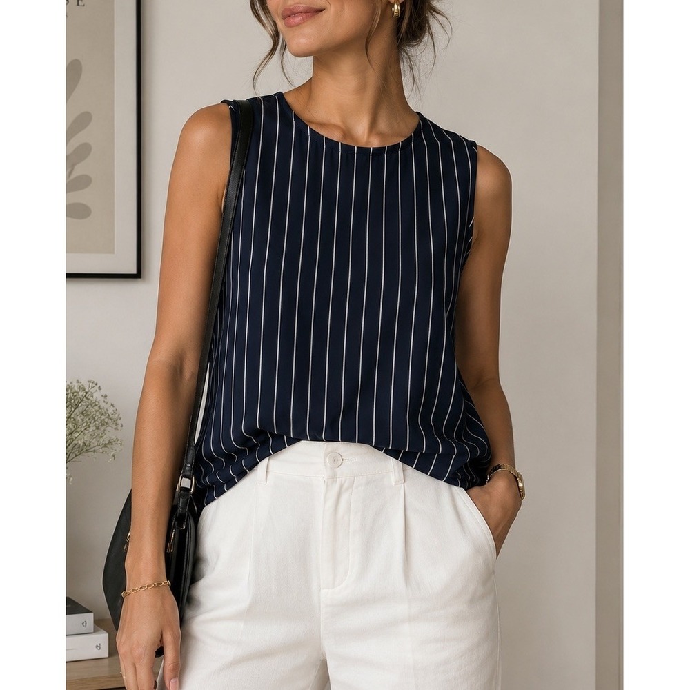 Alex Marie Blouse size XL Black and White Pin Stripe Sleeveless classic Shirt